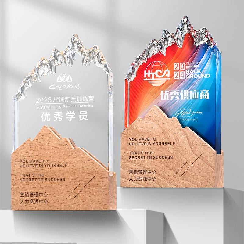 Custom Elm wood + high-transparency crystal Trophy Award - Model #177