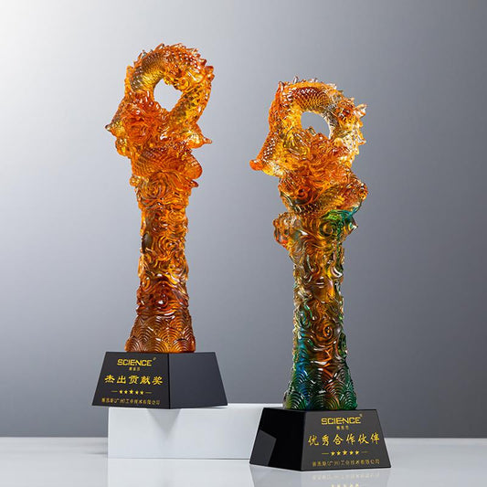 Actual Product Sample - Custom Traditional glazed glass + crystal Trophy Award - Model #123 (PJH-123)