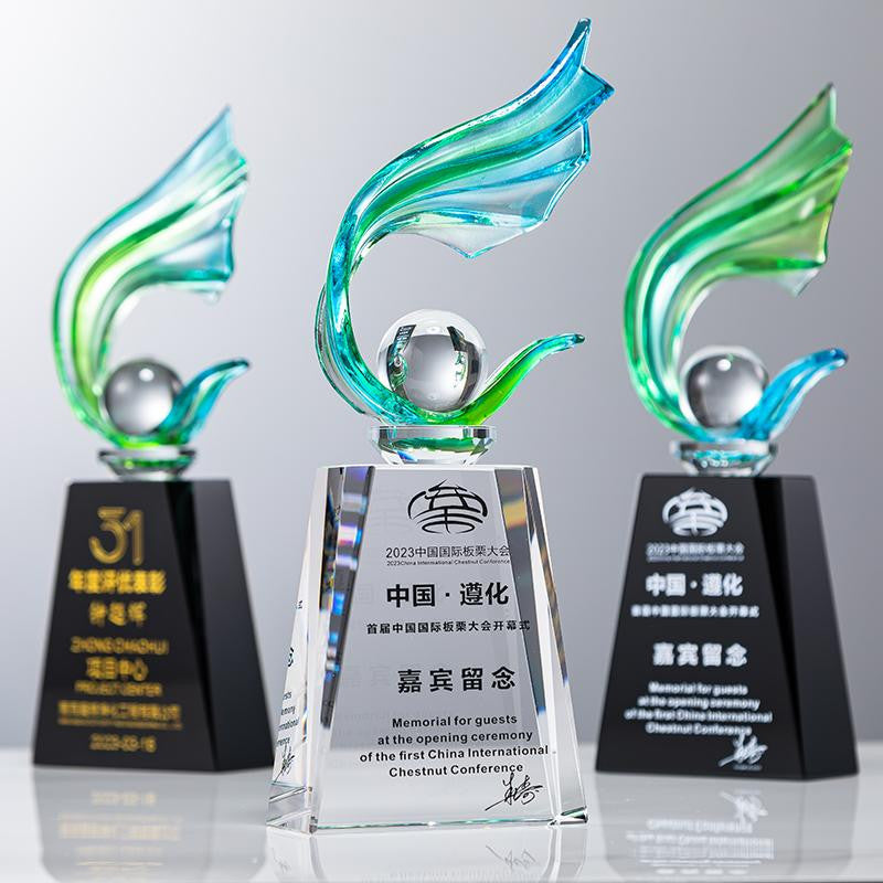 Custom Traditional glazed glass + crystal Trophy Award - Model #159