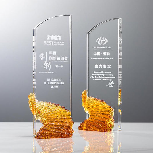 Actual Product Sample - Custom Traditional glazed glass + crystal Trophy Award - Model #155 (PJH-155)