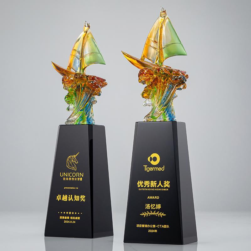 Custom Ancient-style glazed tile + black crystal Trophy Award - Model #154