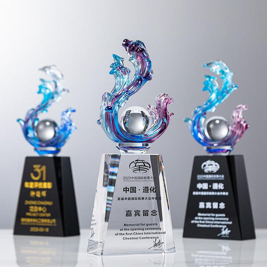 Actual Product Sample - Custom Traditional glazed glass + crystal Trophy Award - Model #158 (PJH-158)