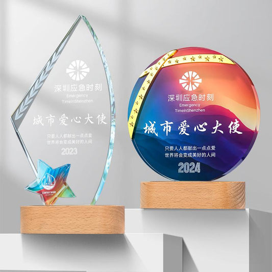 Actual Product Sample - Custom Crystal + Beech Trophy Award - Model #184 (PJH-184)