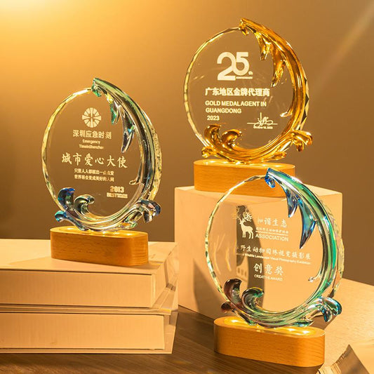 Actual Product Sample - Custom Traditional glazed glass + crystal Trophy Award - Model #175 (PJH-175)