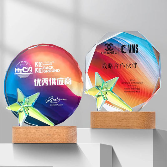 Actual Product Sample - Custom Crystal + Beech Trophy Award - Model #180 (PJH-180)
