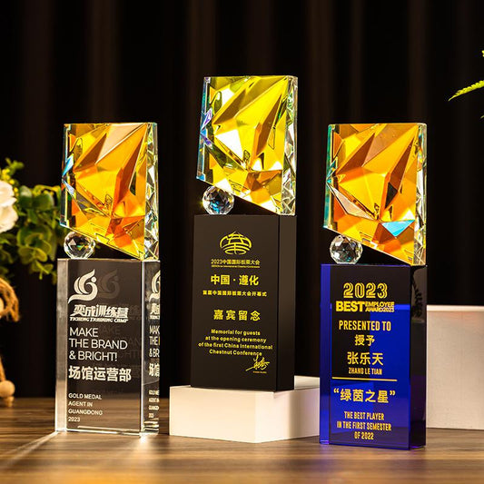 Actual Product Sample - Custom Glazed crystal + crystal/bl- ack crystal/blue crystal Trophy Award - Model #058 (PJH-058)